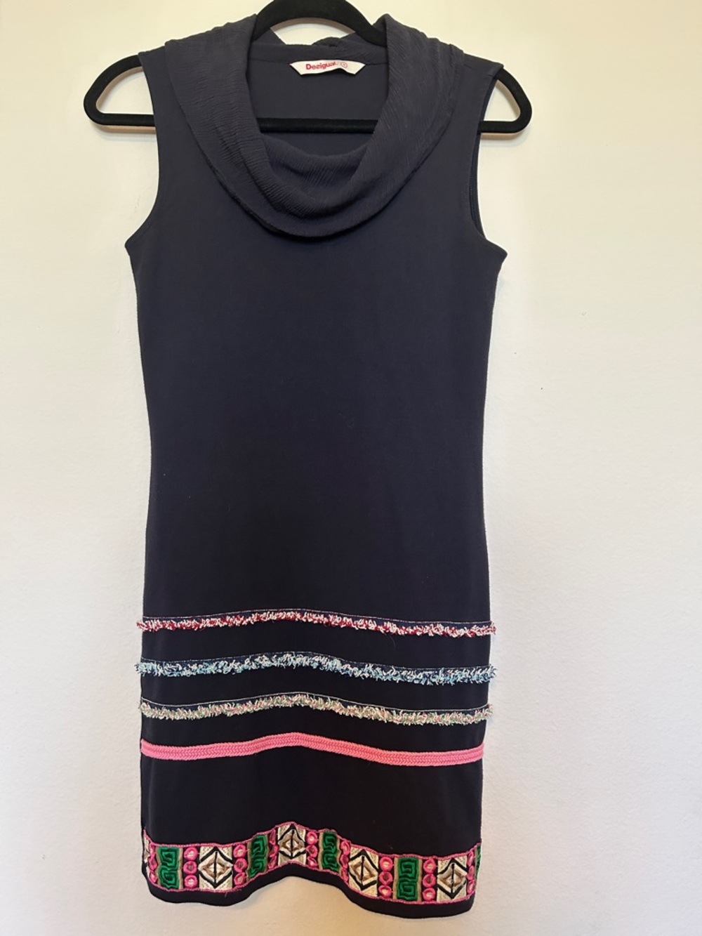 Desigual Black Sleeveless Cowl-Neck Mini Dress with Multicolor Trim